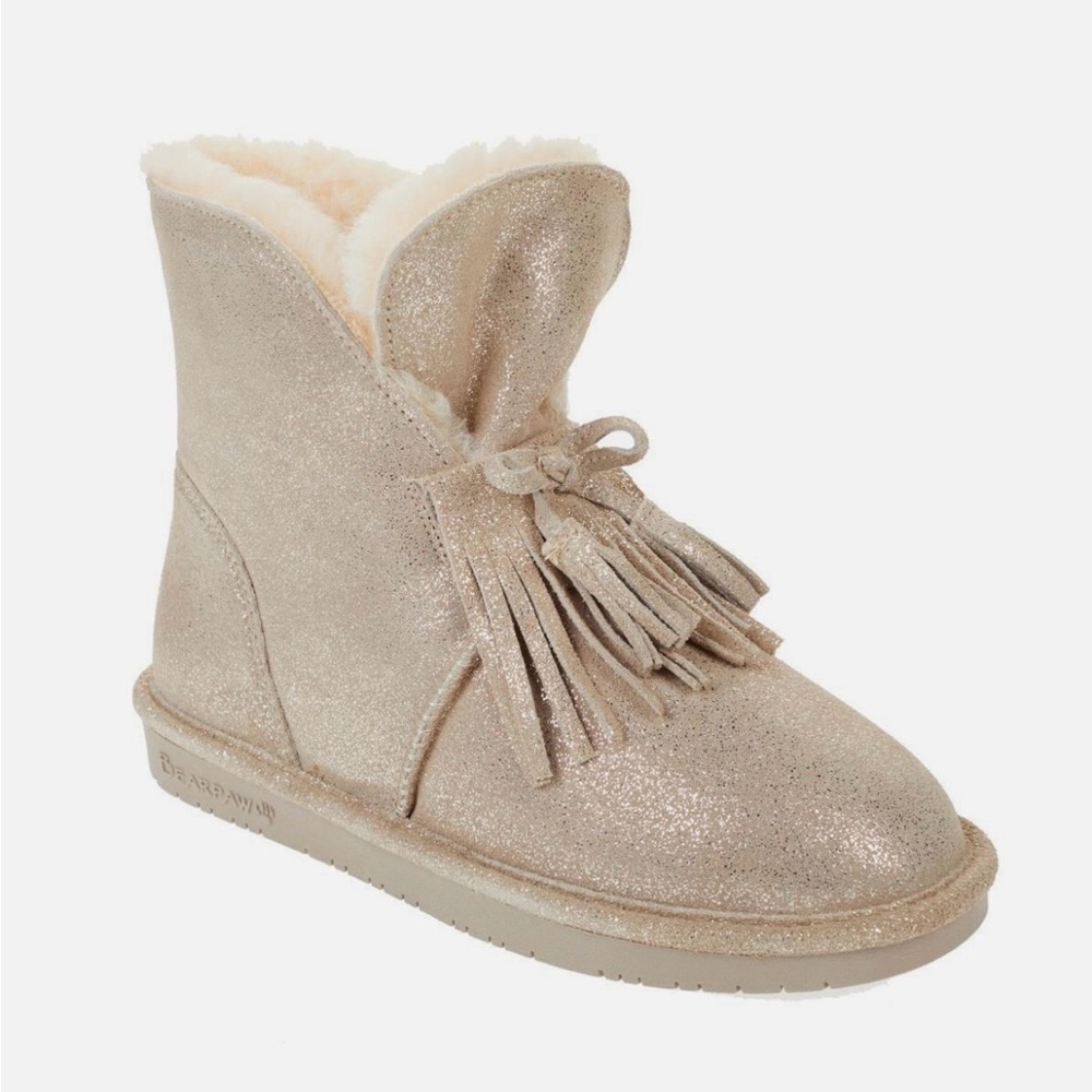 Bearpaw Christie Suede Sheepskin Fringe Sparkling Boot with NeverWet
